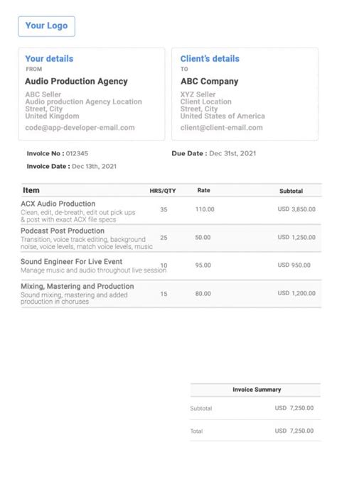 Audio Production Invoice Template .